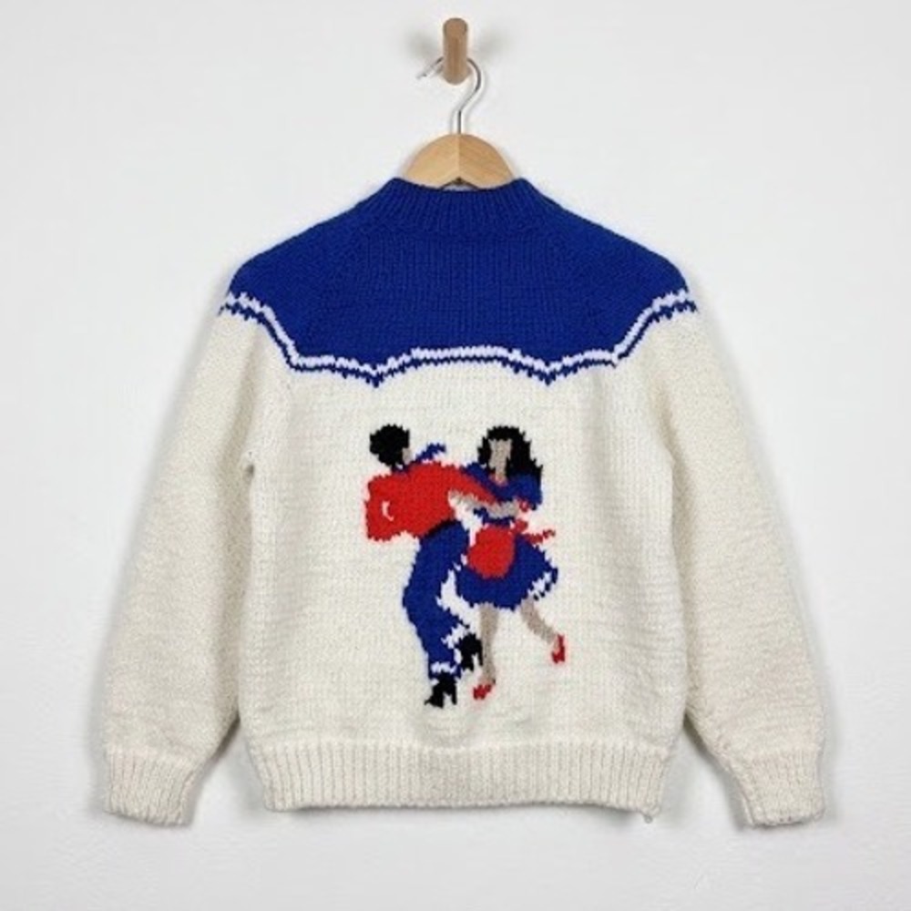 Vtg 50s Hand Knit Square Dance Sweater Cardigan Rockabilly Music Note Cowichan M